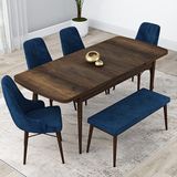 Canisa Lia Serisi 4 Sandalye ve 1 Bench Lacivert 80x132 Açılabilir Barok Ahşap Desen Mutfak Masa Takımı