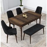 Canisa Lia Serisi 4 Sandalye ve 1 Bench Siyah 80x132 Açılabilir Barok Ahşap Desen Mutfak Masa Takımı