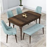 Canisa Lia Serisi 4 Sandalye ve 1 Bench Su Yeşili 80x132 Açılabilir Barok Ahşap Desen Mutfak Masa Takımı