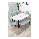 Canisa Lia Serisi 4 Sandalye ve 1 Bench Su Yeşili 80x132 Açılabilir Beyaz Masa Ceviz Ayak Mutfak Masası Takımı