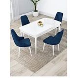 Canisa Lia Serisi 80x132 cm Açılabilir Beyaz Masa 4 Sandalye Lacivert Mutfak Masası Takımı
