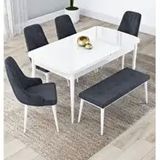 Canisa Lia Serisi 80x132 cm Açılabilir Beyaz Masa 4 Sandalye ve 1 Bench Antrasit Mutfak Masası Takımı
