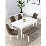 Canisa Lia Serisi 80x132 cm Açılabilir Beyaz Masa 4 Sandalye ve 1 Bench Kahverengi Mutfak Masası Takımı