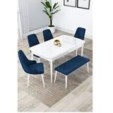 Canisa Lia Serisi 80x132 cm Açılabilir Beyaz Masa 4 Sandalye ve 1 Bench Lacivert Mutfak Masası Takımı