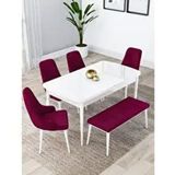 Canisa Lia Serisi 80x132 cm Açılabilir Beyaz Masa 4 Sandalye ve 1 Bench Mürdüm Mutfak Masası Takımı