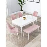 Canisa Lia Serisi 80x132 cm Açılabilir Beyaz Masa 4 Sandalye ve 1 Bench Pembe Mutfak Masası Takımı