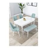 Canisa Lia Serisi 80x132 cm Açılabilir Beyaz Masa 4 Sandalye ve 1 Bench Su Yeşili Mutfak Masası Takımı
