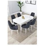 Canisa Lia Serisi 80x132 cm Açılabilir Beyaz Masa 6 Sandalye Antrasit Mutfak Masası Takımı