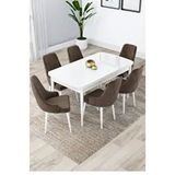 Canisa Lia Serisi 80x132 cm Açılabilir Beyaz Masa 6 Sandalye Kahverengi Mutfak Masası Takımı