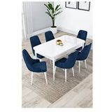 Canisa Lia Serisi 80x132 cm Açılabilir Beyaz Masa 6 Sandalye Lacivert Mutfak Masası Takımı