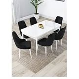 Canisa Lia Serisi 80x132 cm Açılabilir Beyaz Masa 6 Sandalye Siyah Mutfak Masası Takımı