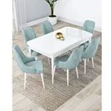 Canisa Lia Serisi 80x132 cm Açılabilir Beyaz Masa 6 Sandalye Su Yeşili Mutfak Masası Takımı