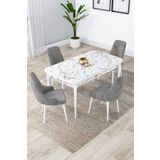 Canisa Lia Serisi 80x132 cm Açılabilir Beyaz Mermer Desen 4 Sandalye Gri Mutfak Masası Takımı