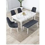 Canisa Lia Serisi 80x132 cm Açılabilir Beyaz Mermer Desen 4 Sandalye ve 1 Bench Antrasit Mutfak Masası Takımı