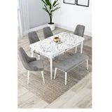 Canisa Lia Serisi 80x132 cm Açılabilir Beyaz Mermer Desen 4 Sandalye ve 1 Bench Gri Mutfak Masası Takımı