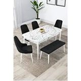 Canisa Lia Serisi 80x132 cm Açılabilir Beyaz Mermer Desen 4 Sandalye ve 1 Bench Siyah Mutfak Masası Takımı
