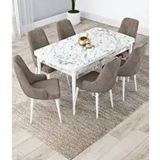 Canisa Lia Serisi 80x132 cm Açılabilir Beyaz Mermer Desen 6 Sandalye Cappucino Mutfak Masası Takımı