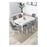Canisa Lia Serisi 80x132 cm Açılabilir Beyaz Mermer Desen 6 Sandalye Gri Mutfak Masası Takımı