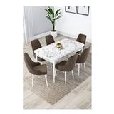 Canisa Lia Serisi 80x132 cm Açılabilir Beyaz Mermer Desen 6 Sandalye Kahverengi Mutfak Masası Takımı