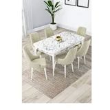 Canisa Lia Serisi 80x132 cm Açılabilir Beyaz Mermer Desen 6 Sandalye Krem Mutfak Masası Takımı