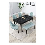 Canisa Lia Serisi 80x132 cm Açılabilir Siyah Mermer Desen 4 Sandalye ve 1 Bench Su Yeşili Mutfak Masası Takımı
