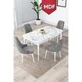 Canisa Lia Serisi, 80x132 Mdf Açılabilir Mutfak Masa Takımı, Beyaz Mermer Desen Masa 4 Gri Sandalye
