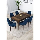 Canisa Lia Serisi Barok Ahşap Desen Masa Açılabilir 80x132 Yemek Masası Takımı 6 Lacivert Sandalye Kahverengi