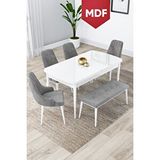 Canisa Lia Serisi Mdf Beyaz Masa Açılabilir 80x132 Mutfak Masa Takımı 4 Gri Sandalye 1 Bench