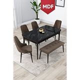 Canisa Lia Serisi Mdf Siyah Mermer Desen Masa Açılabilir 80x132 Yemek Odası Takımı 4 Kahve Sandalye Ve 1 Bench