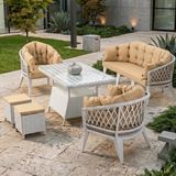 Canisa Liatris Serisi 1. Sınıf 3+1+1+2 Puf Beyaz Rattan Cappucino Minder Bahçe Balkon Oturma Koltuk Takımı - Cappuccino