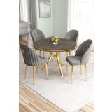 Canisa Mos Serisi 90x90 Lak Panel Antrasit İroni Gold Kaplama Ayaklı Masa Takımı ve 4 Gri Sandalye