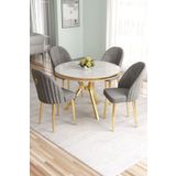 Canisa Mos Serisi 90x90 Lak Panel Beyaz Mermer Desen Gold Kaplama Mutfak Masası Takımı Ve 4 Gri Sandalye