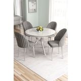 Canisa Mos Serisi 90x90 Lak Panel Beyaz Mermer Desen Krom Kaplama Mutfak Masası Takımı Ve 4 Gri Sandalye