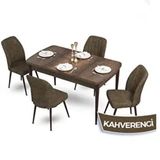 Canisa Mun Serisi 80x132 Açılabilir Mdf Barok Ahşap Desen Masa Takımı ve 4 Adet Kahverengi Sandalye
