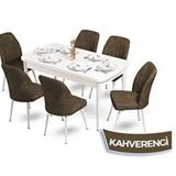 Canisa Mun Serisi 80x132 Açılabilir Mdf Beyaz Masa Takımı ve 6 Adet Kahverengi Sandalye