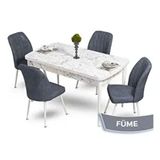 Canisa Mun Serisi 80x132 Açılabilir Mdf Beyaz Mermer Desen Masa Takımı ve 4 Adet Füme Sandalye