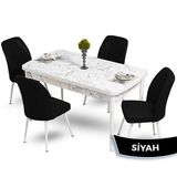 Canisa Mun Serisi 80x132 Açılabilir Mdf Beyaz Mermer Desen Masa Takımı ve 4 Adet Siyah Sandalye