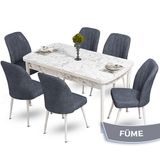 Canisa Mun Serisi 80x132 Açılabilir Mdf Beyaz Mermer Desen Masa Takımı ve 6 Adet Füme Sandalye