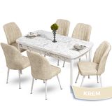 Canisa Mun Serisi 80x132 Açılabilir Mdf Beyaz Mermer Desen Masa Takımı ve 6 Adet Krem Sandalye