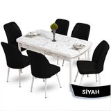 Canisa Mun Serisi 80x132 Açılabilir Mdf Beyaz Mermer Desen Masa Takımı ve 6 Adet Siyah Sandalye
