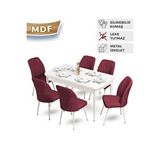 Canisa Mun Serisi 80x132 Açılabilir Mdf Beyaz Mutfak Masa Takımı 6 Bordo Sandalyeli