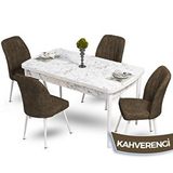 Canisa Mun Serisi 80x132 cm Açılabilir Mdf Beyaz Mermer Desen 4 Kahverengi Sandalye Masa Takımı