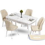 Canisa Mun Serisi 80x132 cm Açılabilir Mdf Beyaz Mermer Desen 4 Krem Sandalye Masa Takımı
