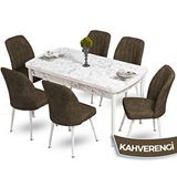 Canisa Mun Serisi 80x132 cm Açılabilir Mdf Beyaz Mermer Desen 6 Kahverengi Sandalye Masa Takımı