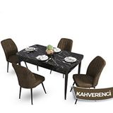 Canisa Mun Serisi 80x132 cm Açılabilir Mdf Siyah Mermer Desen 4 Kahverengi Sandalye Masa Takımı