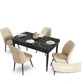 Canisa Mun Serisi 80x132 cm Açılabilir Mdf Siyah Mermer Desen 4 Krem Sandalye Masa Takımı
