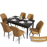 Canisa Mun Serisi 80x132 cm Açılabilir Mdf Siyah Mermer Desen 6 Cappucino Sandalye Masa Takımı