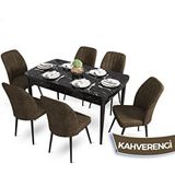 Canisa Mun Serisi 80x132 cm Açılabilir Mdf Siyah Mermer Desen 6 Kahverengi Sandalye Masa Takımı