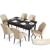 Canisa Mun Serisi 80x132 cm Açılabilir Mdf Siyah Mermer Desen 6 Krem Sandalye Masa Takımı