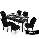 Canisa Mun Serisi 80x132 cm Açılabilir Mdf Siyah Mermer Desen 6 Siyah Sandalye Masa Takımı